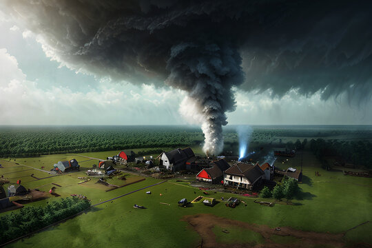 tornado destroys the farm above view. generative ai