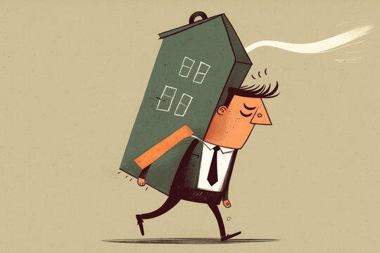 Cartoon sad man with suitcase and house on back