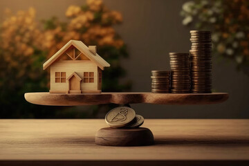 Wooden house figurine on board with stacked coins
