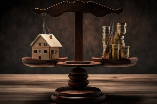 Vintage scales with wooden house figurine and coins