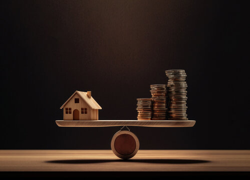 Wooden house figurine on board with stacked coins