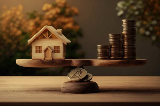 Wooden house figurine on board with stacked coins