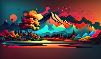  a painting of a mountain landscape with a lake and trees in the foreground and birds in the distance, with a sunset in the background.  generative ai