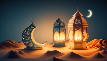 Fototapeta na wymiar Ramadan Kareem themed, lantern islamic Mosque and crescent moon in the desert at night, Generative AI