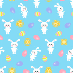 Easter seamless pattern with cute bunnies, sun and colored eggs on blue. Festive spring background. Vector cartoon flat illustration.