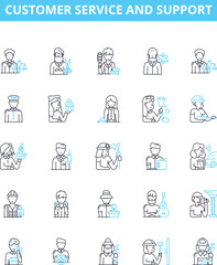 Customer service and support vector line icons set. Customer, Service, Support, Help, Assistance, Inquiry, Query illustration outline concept symbols and signs