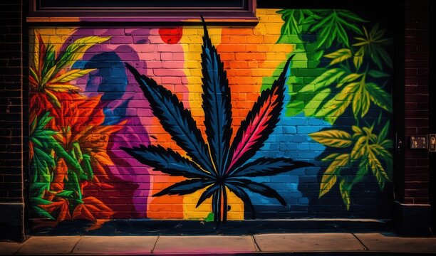  a mural of a marijuana plant painted on a brick wall in front of a doorway with a colorful background of palm trees and a rainbow sky.  generative ai