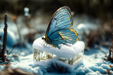 Blue butterfly in winter just before spring during daytime on a sunny day, illustration created with generative AI tools.