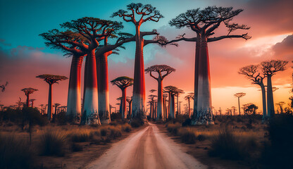 Avenue of the Baobabs, Madagascar, sunset in the park, sunrise in the forest, - obrazy, fototapety, plakaty