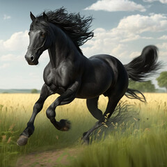A photorealistic image of a black horse running towards the camera in a field, Generative Ai