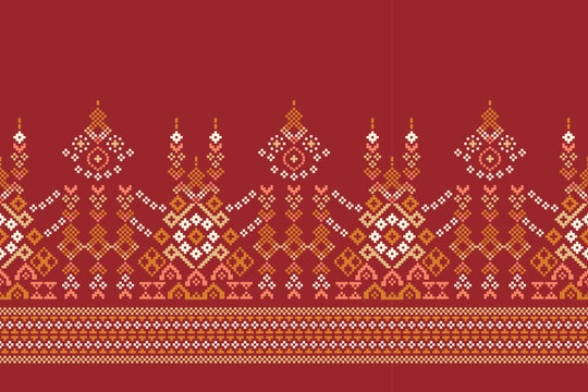 Ethnic geometric fabric pattern Cross Stitch.Ikat embroidery Ethnic oriental Pixel pattern crimson red background. Abstract,vector,illustration.For texture,clothing,wrapping,decoration,carpet.