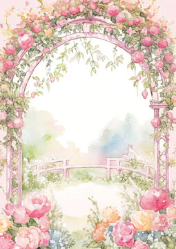 pink flowers in a english garden with arch