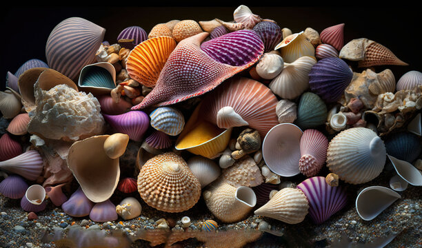  a pile of seashells and other sea shells on a black background with a black border around the image and a black background with a black border.  generative ai