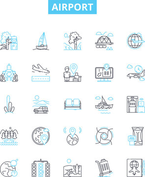 Airport vector line icons set. Airport, Terminal, Check-in, Terminal-, TSA, Runway, Arrival illustration outline concept symbols and signs