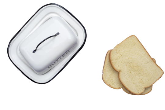 Bread and butter dish. View from above. Isolate on white PNG
