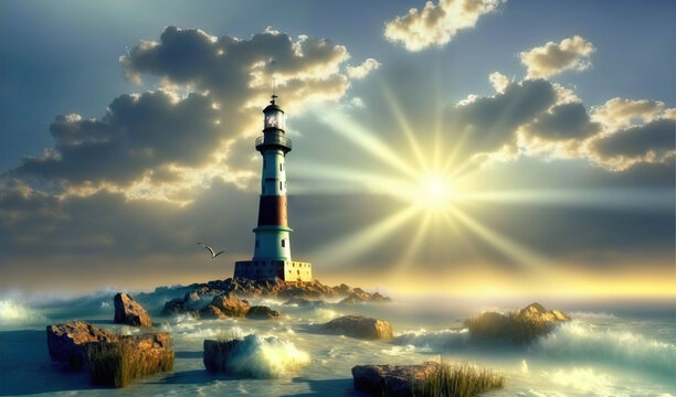  a painting of a lighthouse in the ocean with the sun shining through the clouds over the water and rocks in the foreground, with a bird flying in the foreground.  generative ai
