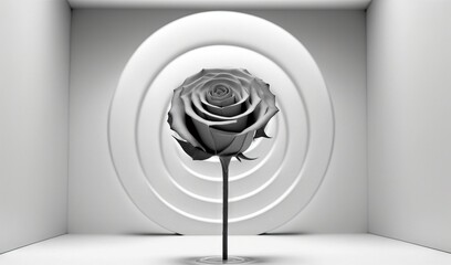  a black and white photo of a rose in a white room with a circular light at the end of the room and a circular light at the end of the room.  generative ai