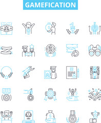 Gamefication vector line icons set. Gamification, Game, Gaming, Reward, Motivate, Points, Goal illustration outline concept symbols and signs