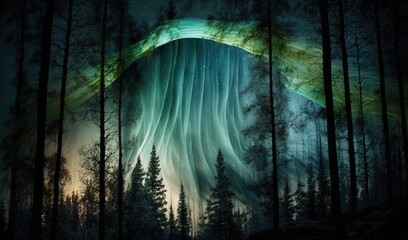  a painting of a green and white aurora bore in the night sky with trees and a mountain in the foreground and a moon in the distance.  generative ai