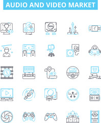 audio and video market vector line icons set. Audio, Video, Market, Multimedia, Sound, Streaming, Digital illustration outline concept symbols and signs