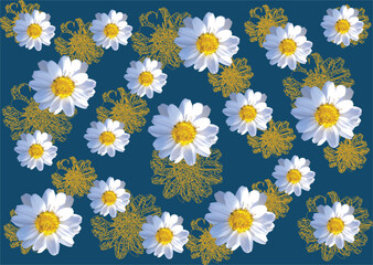 Daisy silhouette yellow flowers seamless repeat pattern, daisies on blue background for fabric, fashion graphics, textile prints. Repeating texture background
