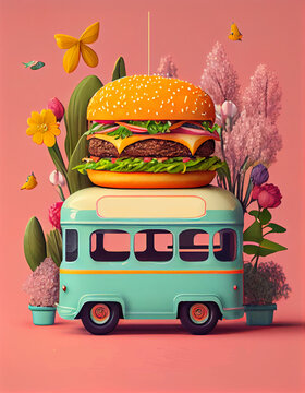 Delicious burger illustration with spring flowers around. Isolated composition. Good for cards and restaurant menu.