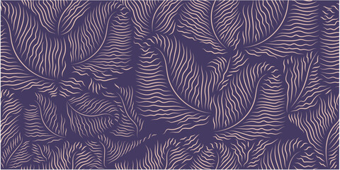 Leaves outline repeat pattern.  Golden leaf  on purple background vector illustration 