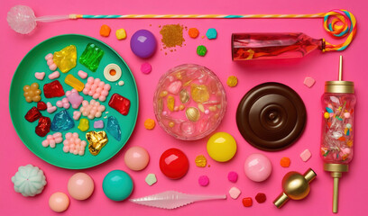 a plate of candy, candy floss, candy, and candy canes on a pink background.  generative ai