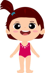 Cute Little Kid girl wear pink flowers pattern swimming suit. Laugh smile face kid. Vector illustration.