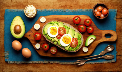 Fototapeta na wymiar a wooden cutting board topped with an avocado and eggs. generative ai