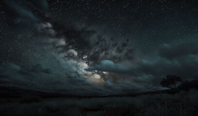 Fototapeta na wymiar a night sky with stars and clouds above a field and trees. generative ai