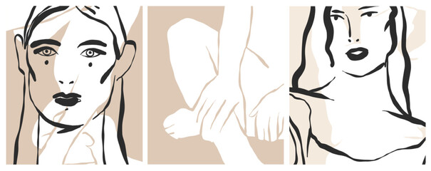 Hand drawn vector abstract graphic line simple,contemporary collection print set with female figures silhouette shapes.Fashion feminine concept design for wall decor,print,poster,wallpaper,background