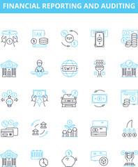 Financial reporting and auditing vector line icons set. Auditing, Finance, Reporting, Financial, Statements, Records, Analysis illustration outline concept symbols and signs