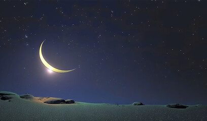 Obraz na płótnie Canvas a crescent moon in the night sky over a snowy landscape. generative ai