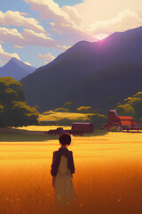 Farmer Harvesting Rice In Farmland During Autumn Fallen Leaves And Distant Mountains created with generative AI technology