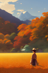 Farmer Harvesting Rice In Farmland During Autumn Fallen Leaves And Distant Mountains created with generative AI technology