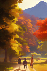 Farmer Harvesting Rice In Farmland During Autumn Fallen Leaves And Distant Mountains created with generative AI technology