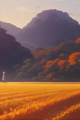 Farmer Harvesting Rice In Farmland During Autumn Fallen Leaves And Distant Mountains created with generative AI technology