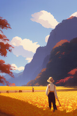 Farmer Harvesting Rice In Farmland During Autumn Fallen Leaves And Distant Mountains created with generative AI technology