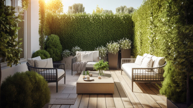 Terrasse/Balkon mit M&ouml;beln und viel Gr&uuml;npflanzen im Sommer, Generative AI