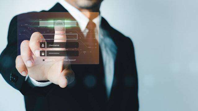 Password and username login page, secure access on the internet, Online user authentication sign-in, cyber security, and data protection, Encryption with fingerprint icon, entering credentials