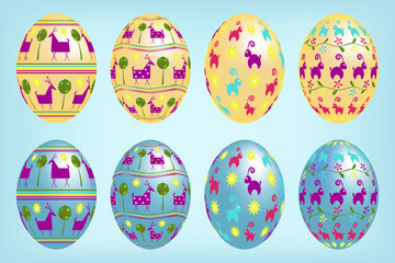Set of volumetric Easter eggs in yellow and blue with multicolored ornaments. Symbol of a religious holiday