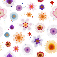 Abstract flower colorful for repeat duplicates with flips mirror. Pattern mirror of abstract spring flowers isolated in white background. Pattern mirrored repeat for background. Generative AI