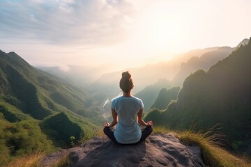 Healthy wellness woman yoga breathing meditating in lotus position. Generative AI - obrazy, fototapety, plakaty