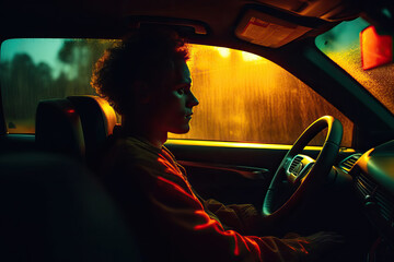 Side view of young man sitting in car and looking out window in wet rainy night and neon lights. Generative AI