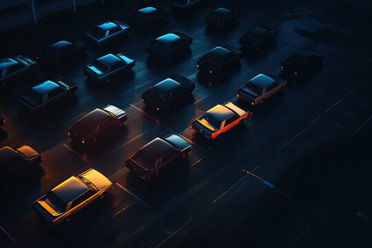 From above of classic cars parked on asphalt road in dark night city. Generative AI