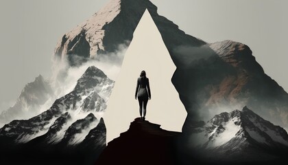 Determined businesswoman conquers a mountain peak, embodying success, achievement, and leadership. Inspiring strength and summit of her personal and professional aspirations. Generative AI.