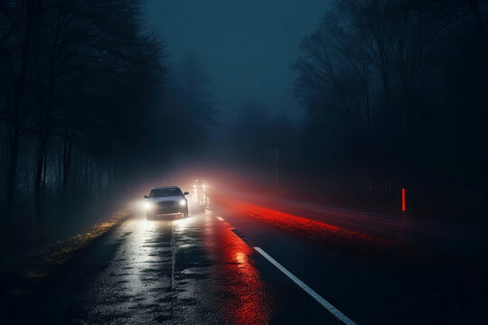 Modern car parked on asphalt road near leafless trees in winter foggy evening in. Generative AI