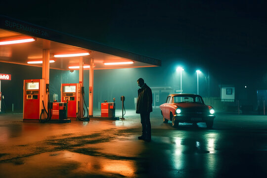 Side view of anonymous person standing near red car with glowing headlights in fuel station. Generative AI