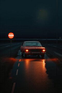 Classic car with glowing headlights on remote road at night with a Do Not Enter sign. Generative AI